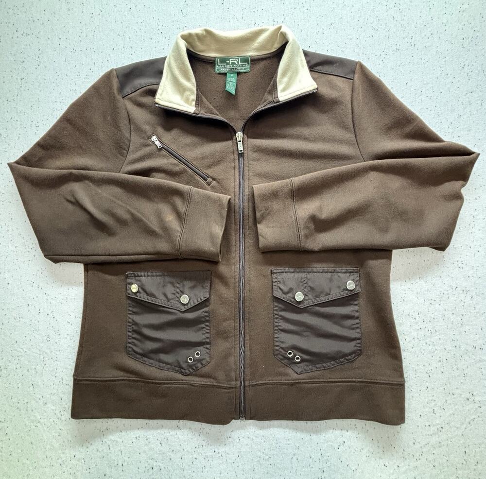 LRL Ralph Lauren Women Jacket Brown Full Zip Sweatshirt Mixed Media Pockets Sz M